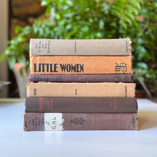 Antique Beige and Brown Children's Book Bundle, Little Women, Heidi, Girls Stories