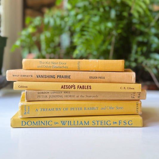 Vintage Yellow Kids Books for Playroom Decor, Yellow Children's Books for Shelf Styling
