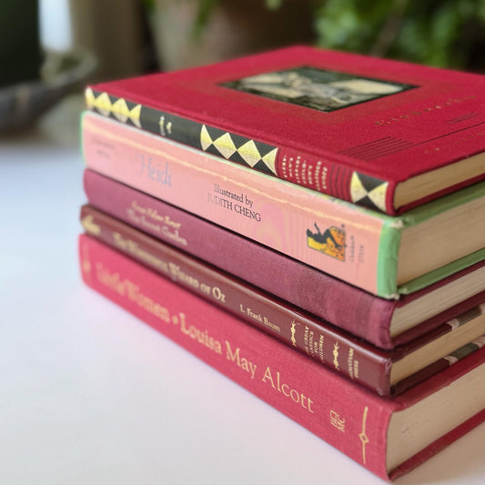 Vintage Red and Pink Classic Children's Books, Book Bundle for Girls Playroom Shelf Styling