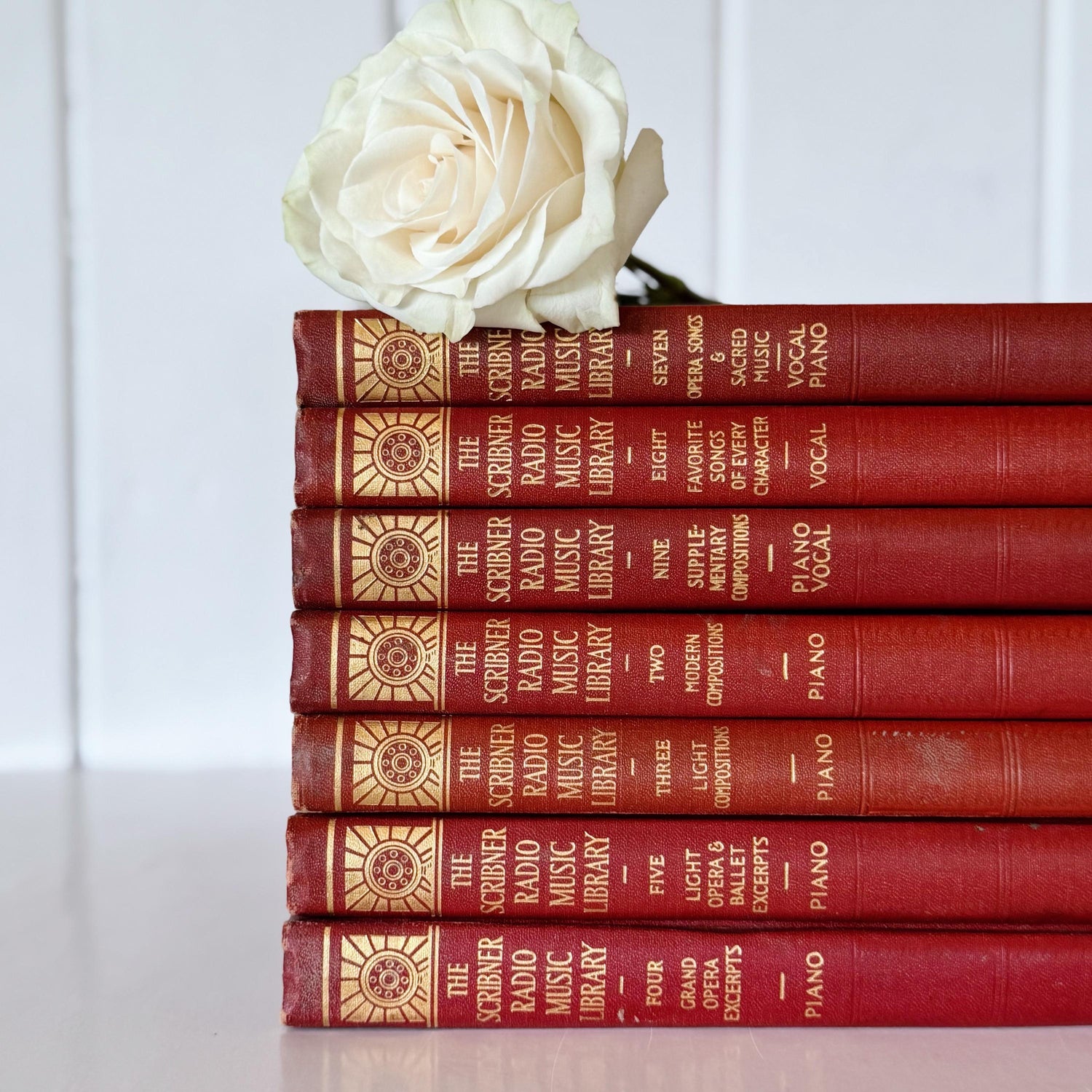 Red Mid-Century Book Set, The Scribner Radio Music Library, Music Books for Shelf Styling