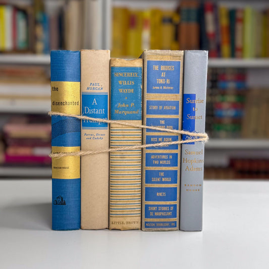 Vintage Blue & Gold Book Stack | Curated Decorative Books for Shelf Styling, Mantel Decor, or Coffee Table Display