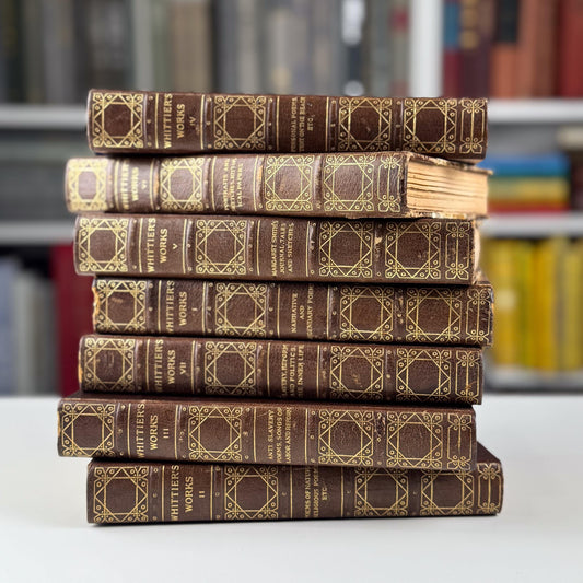 Antique Leather Book Set | Whittier’s Works | Amesbury Edition, 1892 | 7 Volumes