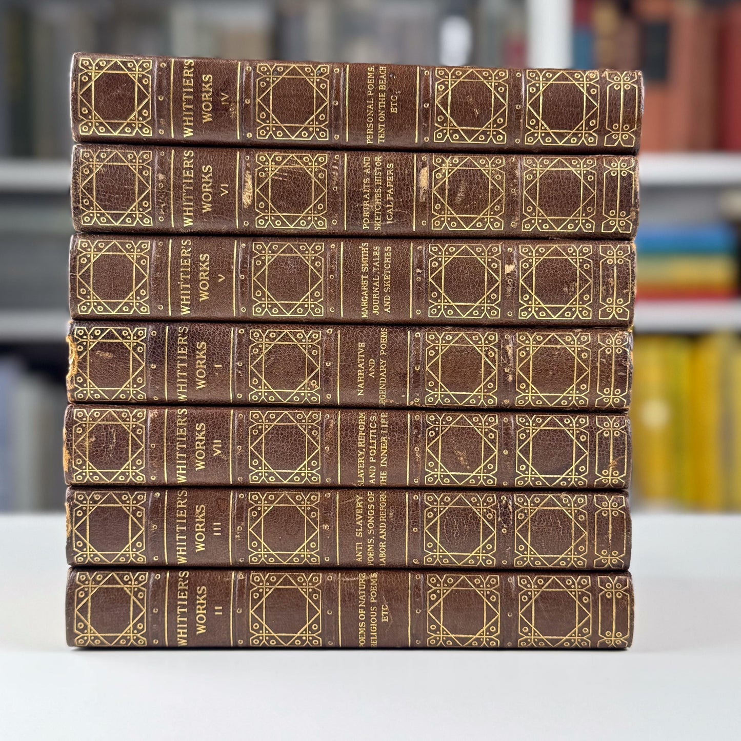 Antique Leather Book Set | Whittier’s Works | Amesbury Edition, 1892 | 7 Volumes