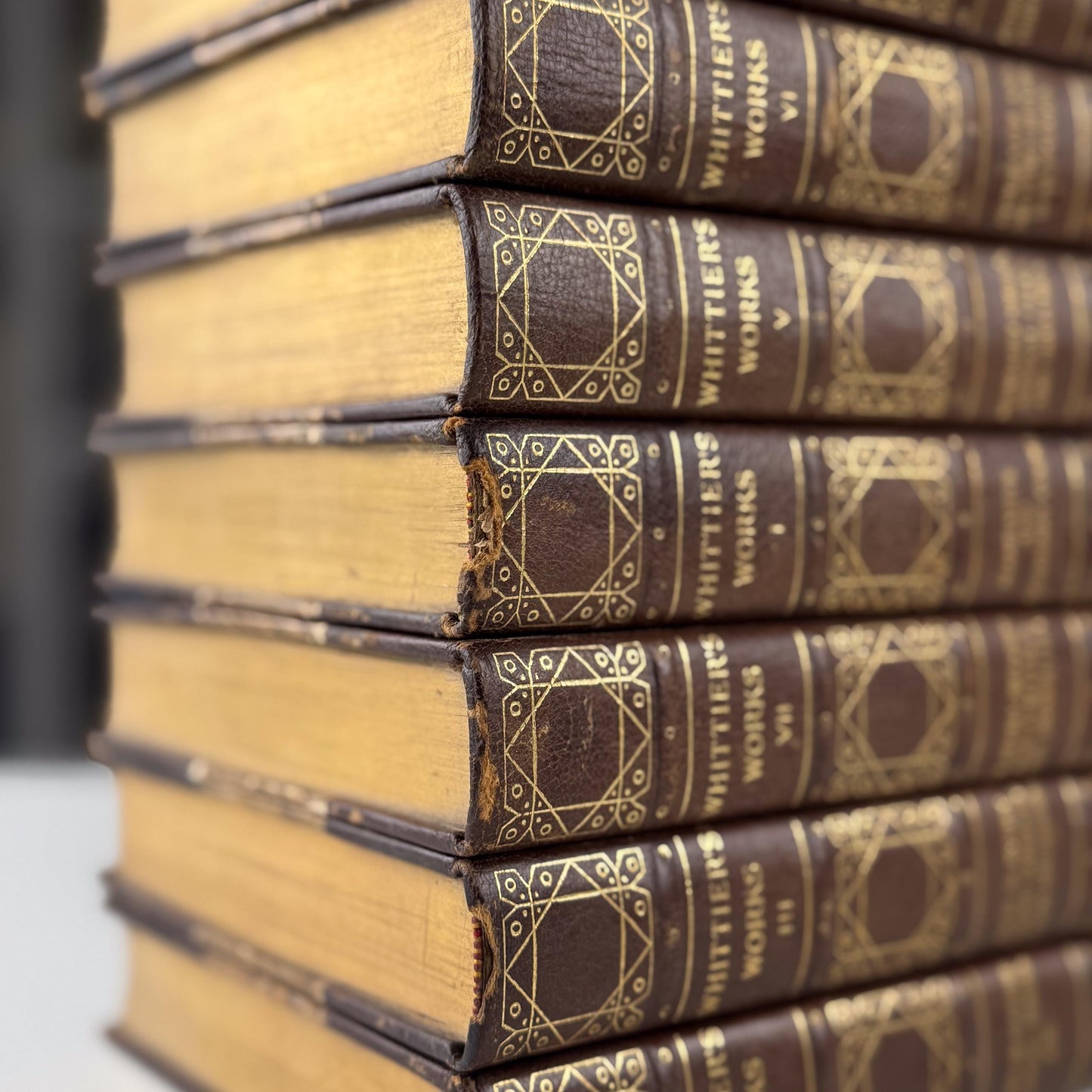 Antique Leather Book Set | Whittier’s Works | Amesbury Edition, 1892 | 7 Volumes