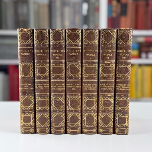 Antique Leather Book Set | Whittier’s Works | Amesbury Edition, 1892 | 7 Volumes