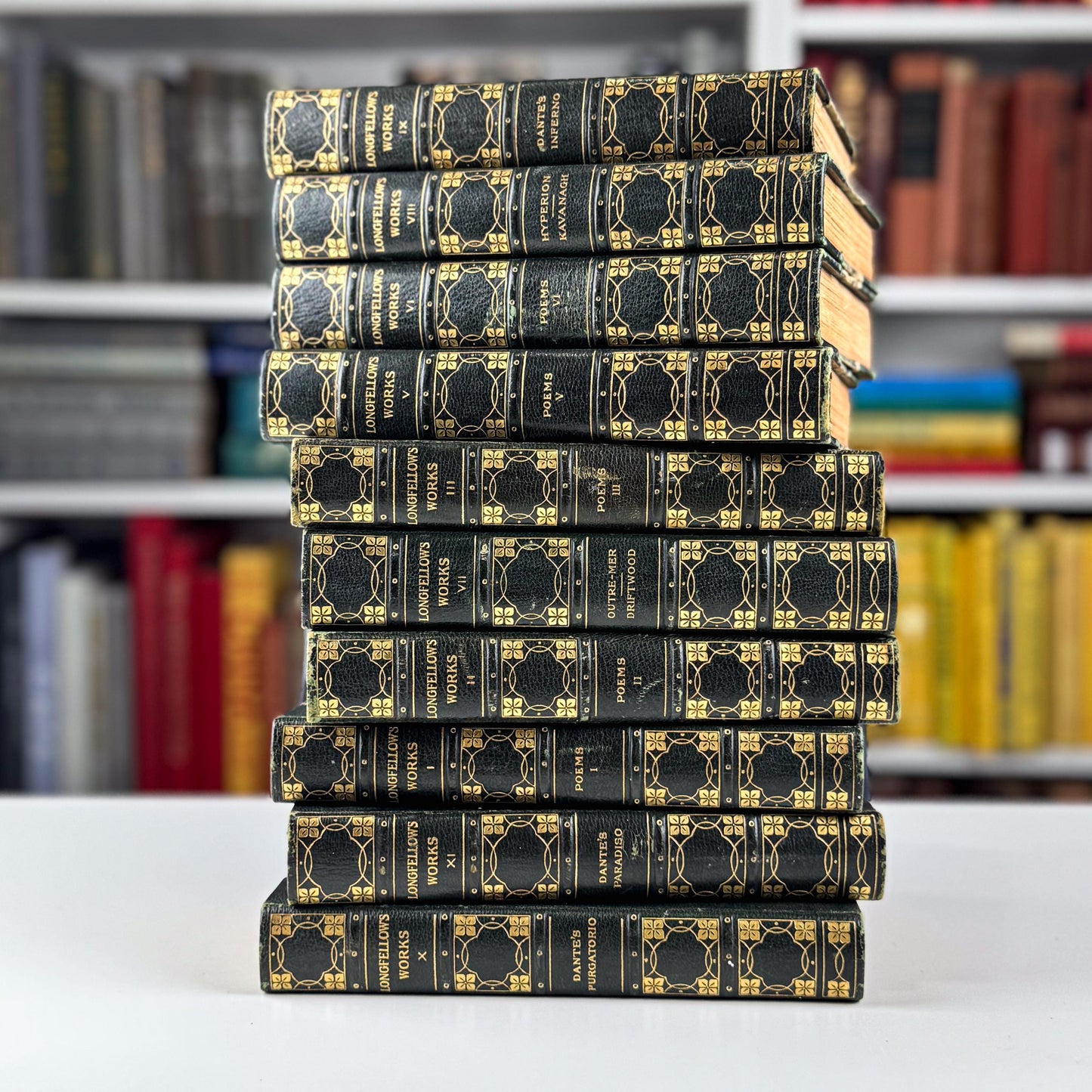 Antique Leather-Bound 10-Volume Set 1904 Craigie Edition Longfellow Green and Gold Book Set