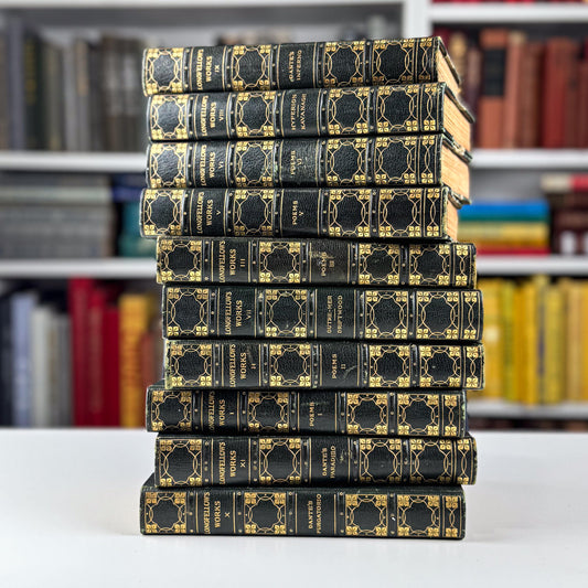 Antique Leather-Bound 10-Volume Set 1904 Craigie Edition Longfellow Green and Gold Book Set