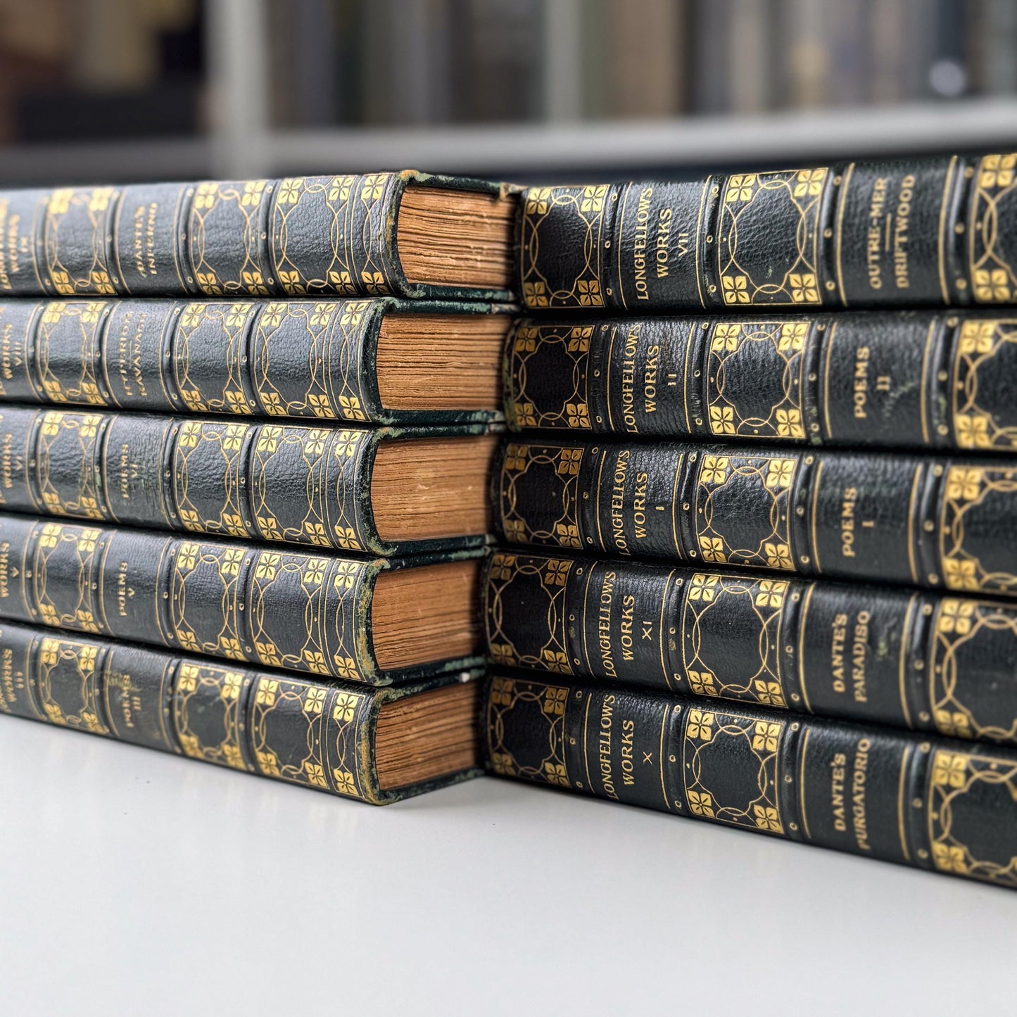 Antique Leather-Bound 10-Volume Set 1904 Craigie Edition Longfellow Green and Gold Book Set