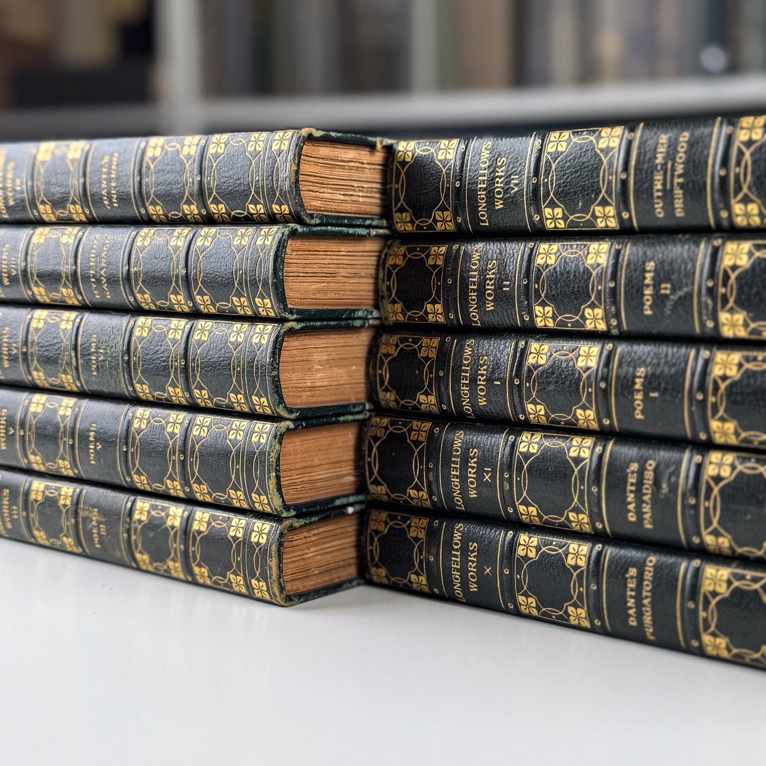 Antique Leather-Bound 10-Volume Set 1904 Craigie Edition Longfellow Green and Gold Book Set
