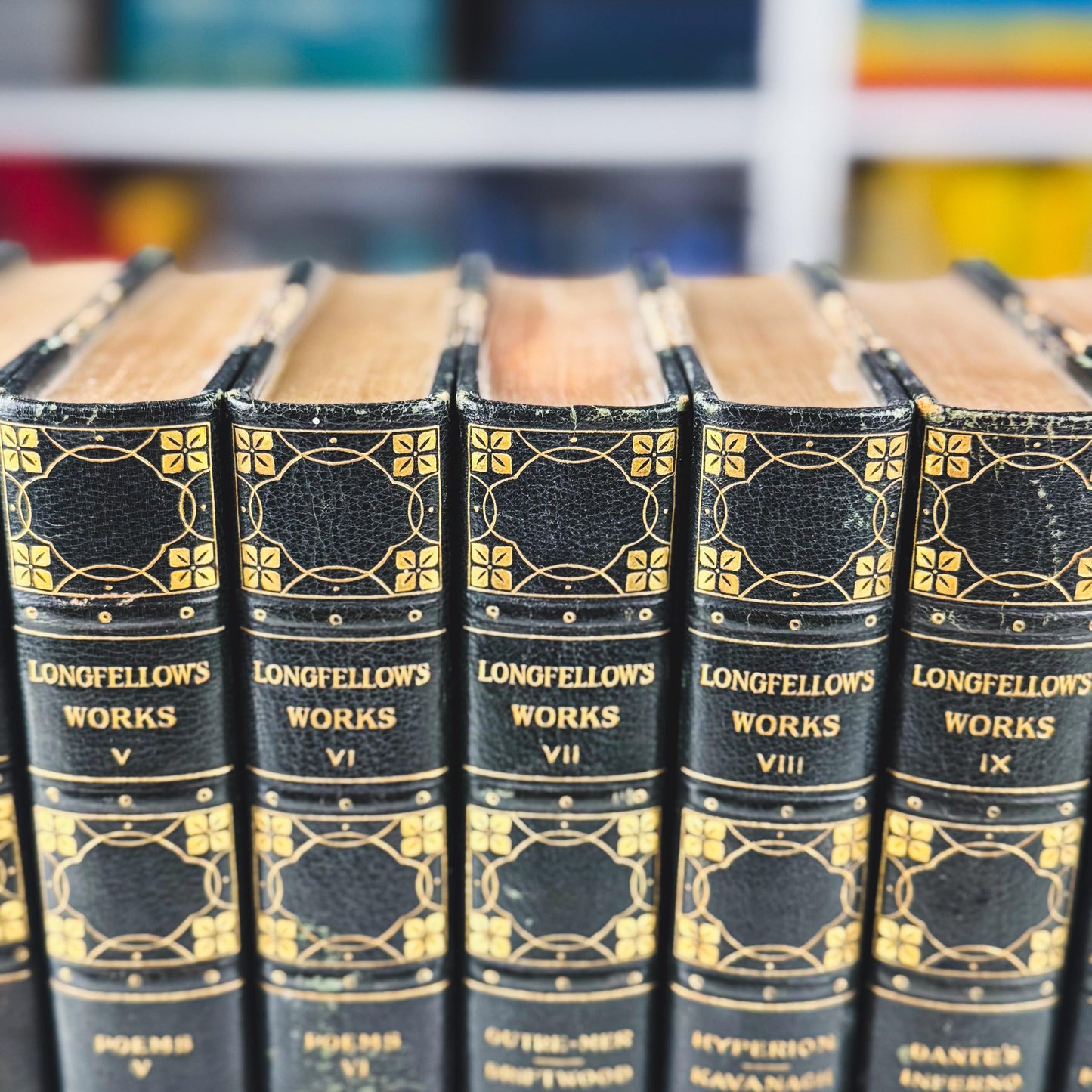 Antique Leather-Bound 10-Volume Set 1904 Craigie Edition Longfellow Green and Gold Book Set