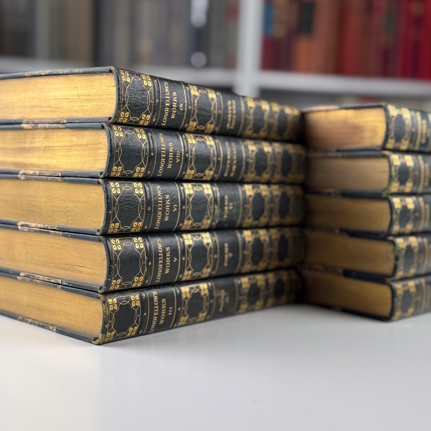 Antique Leather-Bound 10-Volume Set 1904 Craigie Edition Longfellow Green and Gold Book Set
