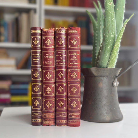 Vintage Mid Century Red & Gold Fine Editions Set – 4 Decorative Classic Literature Books
