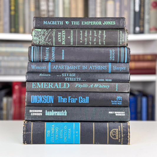 Black & Teal Blue Vintage Book Set – Dark Academia Shelf Styling, Moody Home or Office Decor