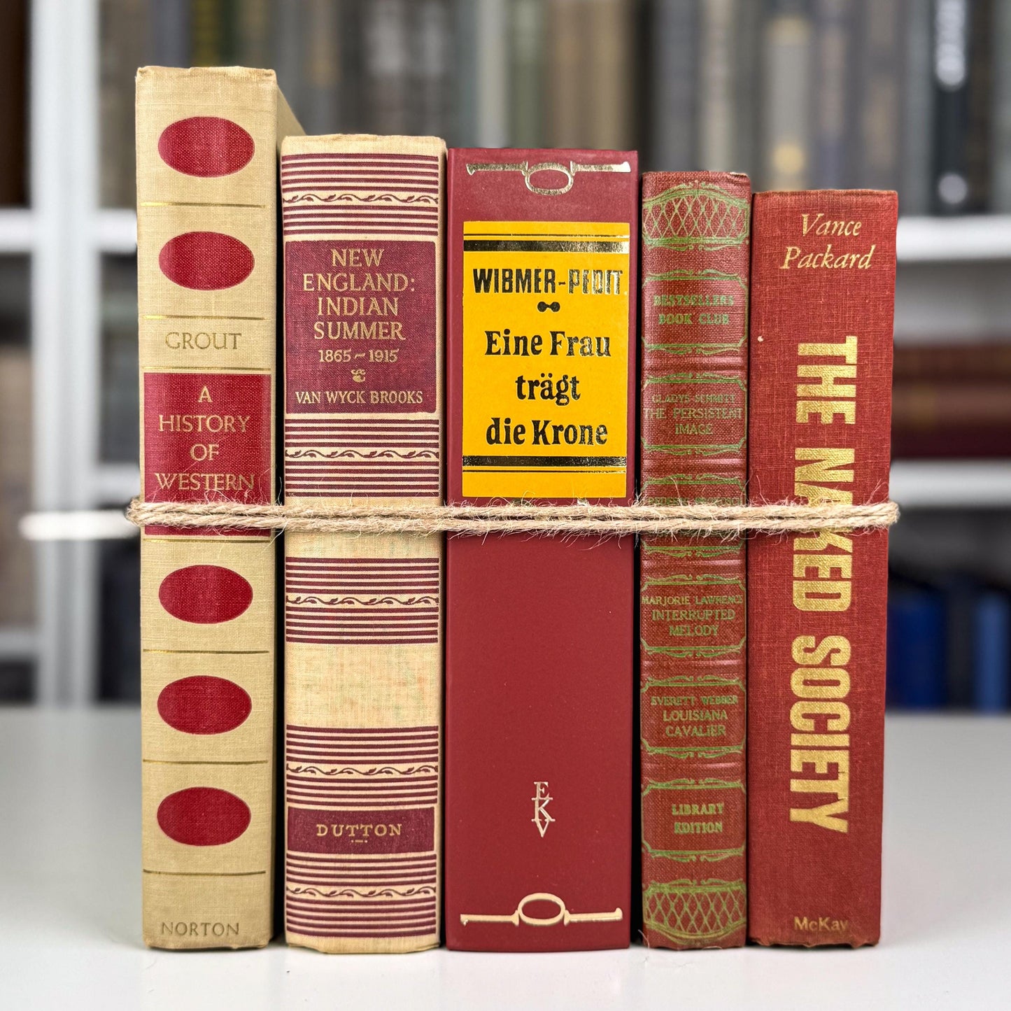 Bold Masculine Mid-Century Beige Mustard Red Book Bundle, Aesthetic Books By Color for Decor