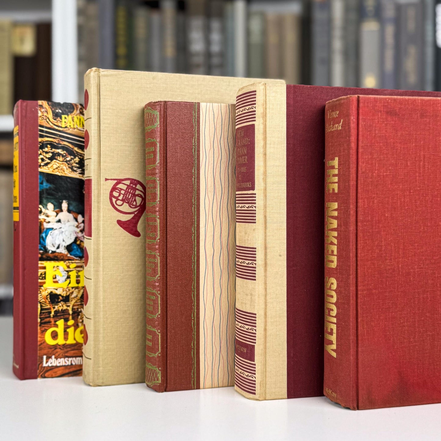 Bold Masculine Mid-Century Beige Mustard Red Book Bundle, Aesthetic Books By Color for Decor