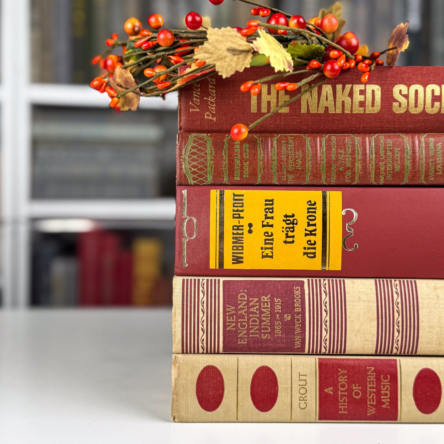 Bold Masculine Mid-Century Beige Mustard Red Book Bundle, Aesthetic Books By Color for Decor