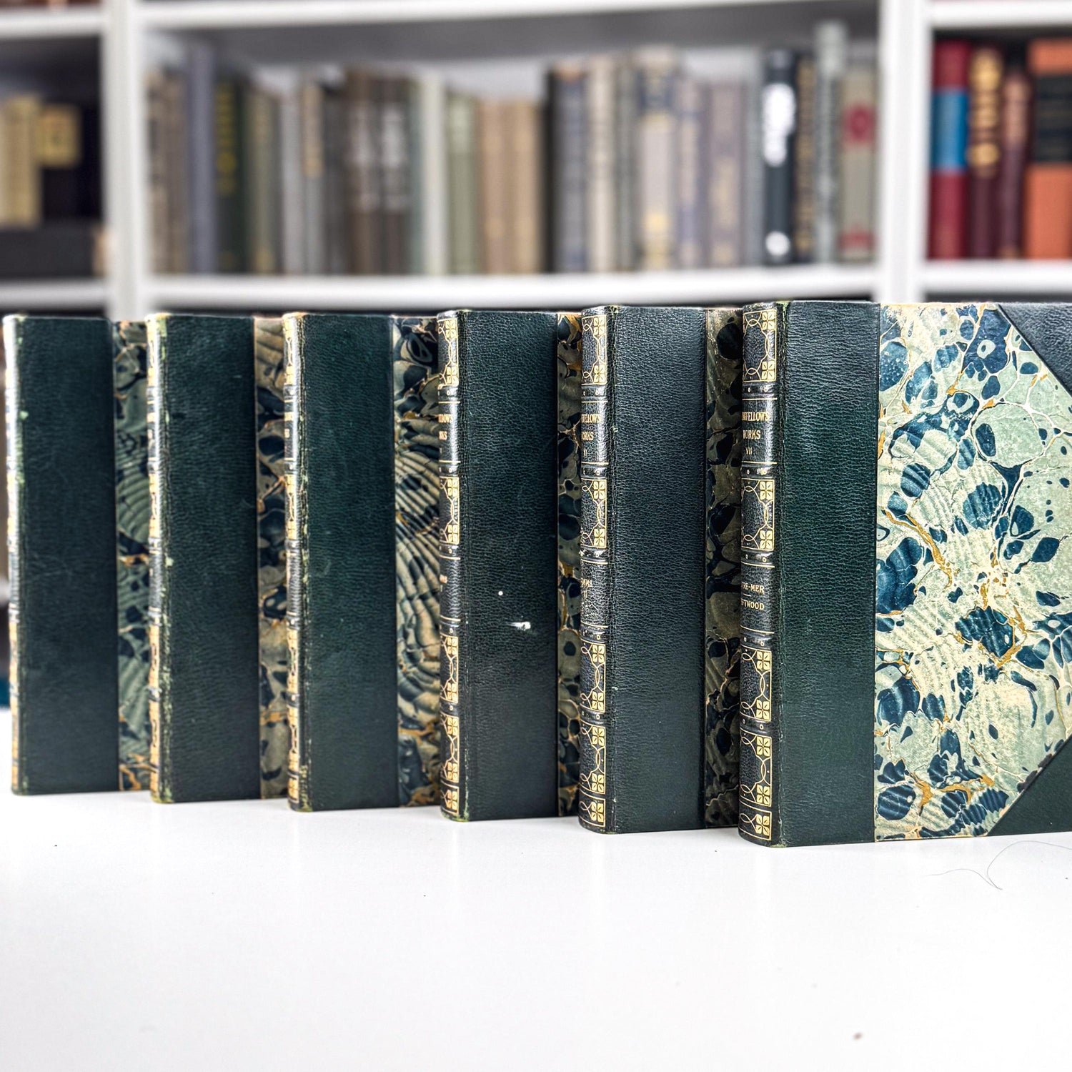 Antique Leather-Bound 10-Volume Set 1904 Craigie Edition Longfellow Green and Gold Book Set