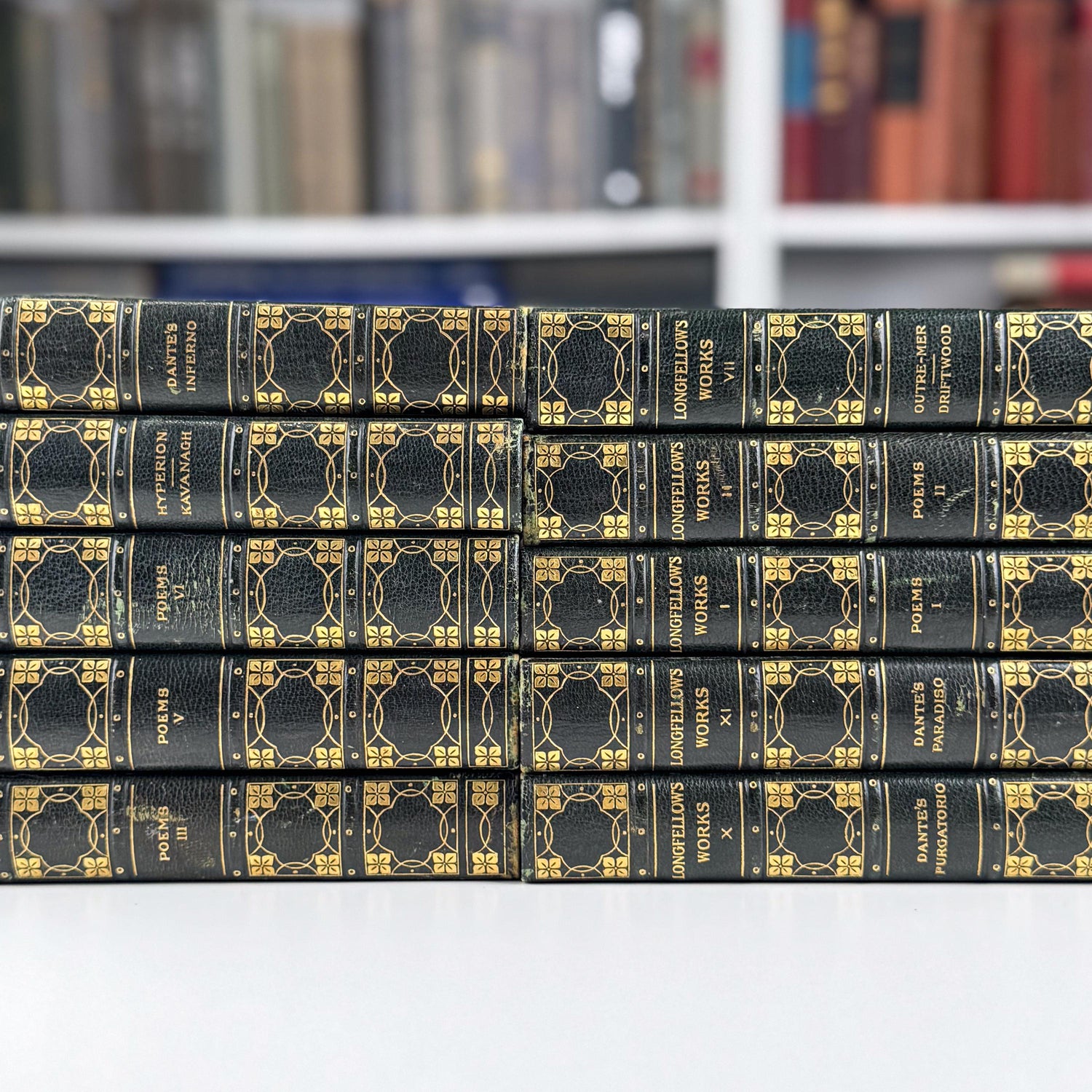 Antique Leather-Bound 10-Volume Set 1904 Craigie Edition Longfellow Green and Gold Book Set