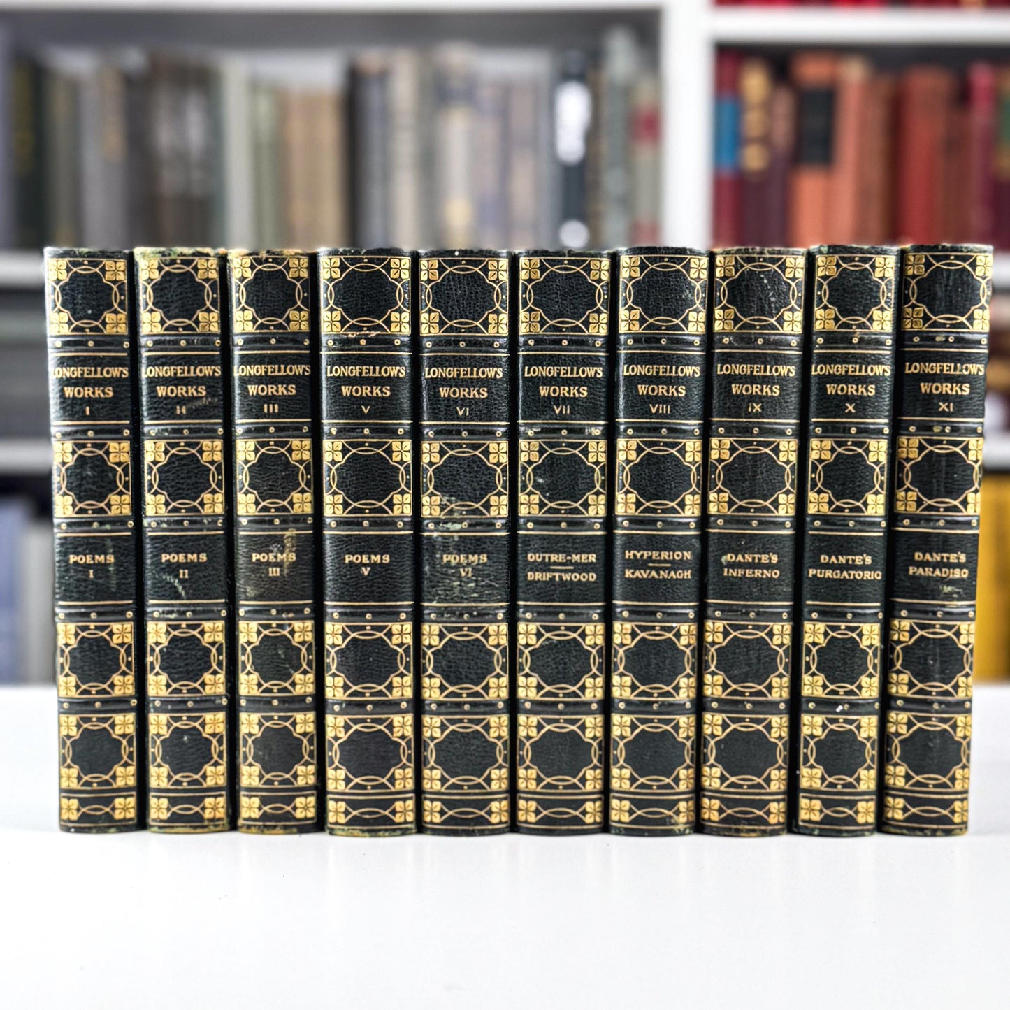 Antique Leather-Bound 10-Volume Set 1904 Craigie Edition Longfellow Green and Gold Book Set