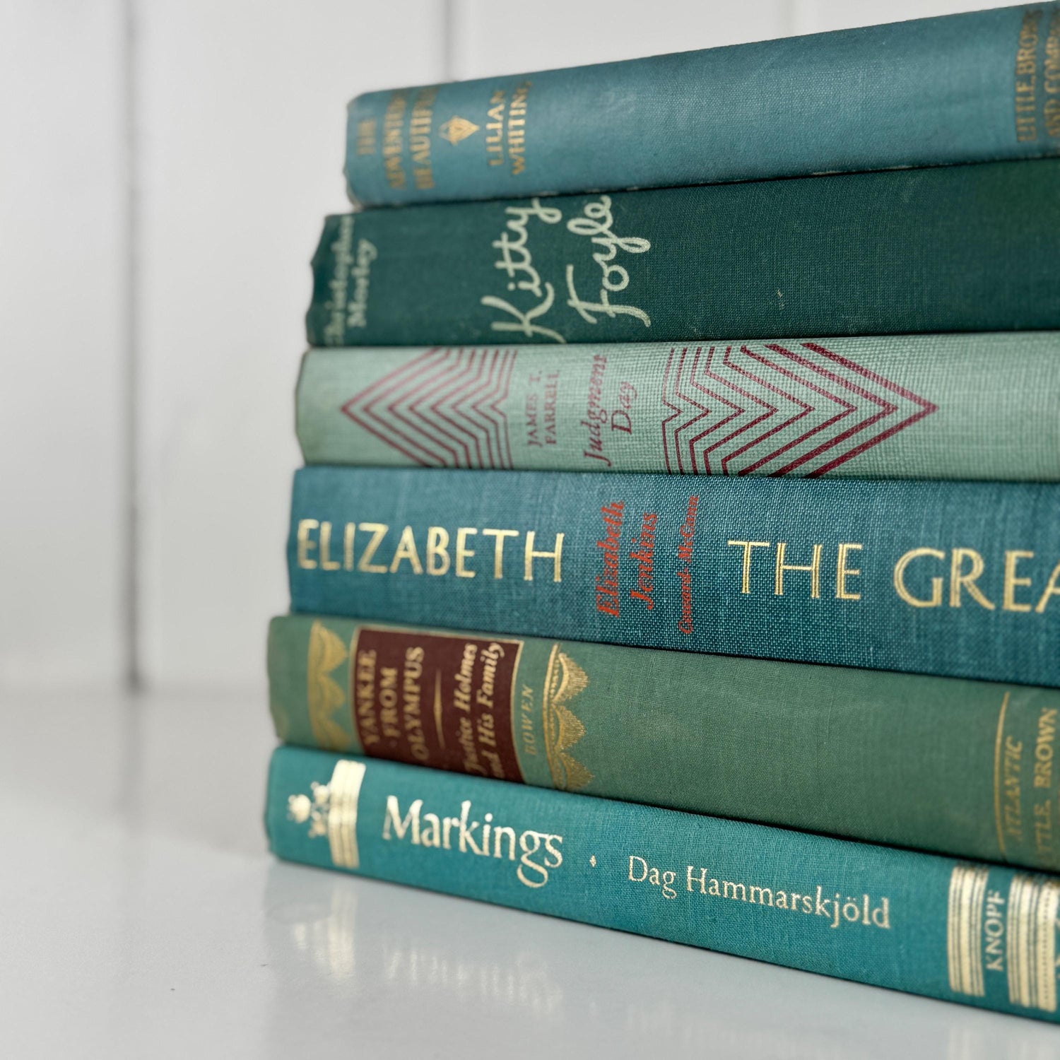 Teal And Aqua Vintage Book Stack for Shelf Styling and Decorating