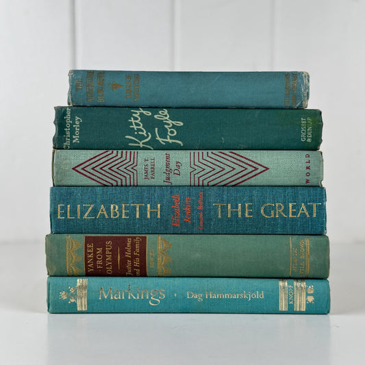 Teal And Aqua Vintage Book Stack for Shelf Styling and Decorating