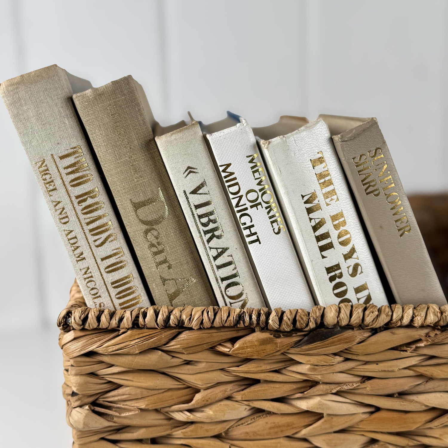 Neutral Vintage Book Set in Gold, White, and Beige for Shelf Styling & Home Decor