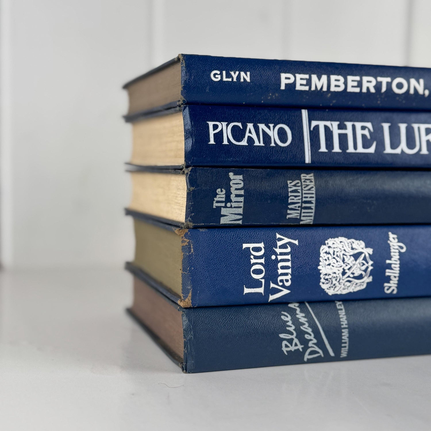 Vintage Indigo Navy Blue and White Retro Book Set for Shelf Styling