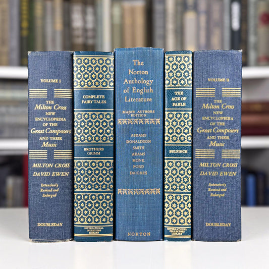 Vintage Navy Blue and Gold Book Set, Home Staging, Arts and Literature Books for Shelf Styling