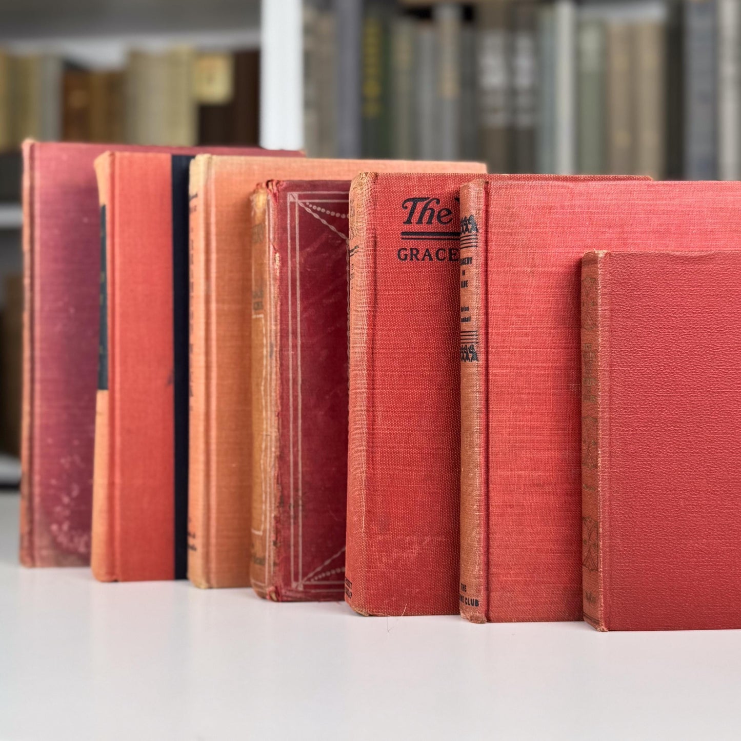 Warm Rustic Red and Pink Vintage Book Set – Shelf Styling with Cottagecore Charm