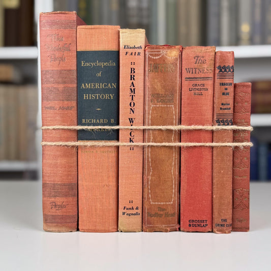 Warm Rustic Red and Pink Vintage Book Set – Shelf Styling with Cottagecore Charm