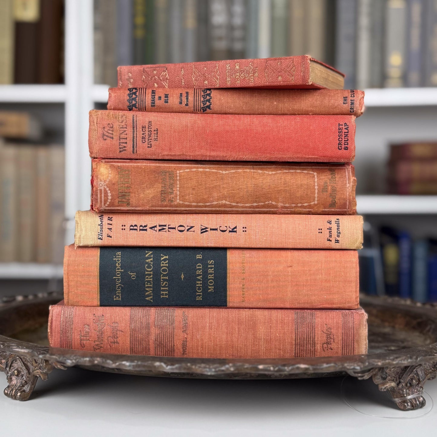 Warm Rustic Red and Pink Vintage Book Set – Shelf Styling with Cottagecore Charm