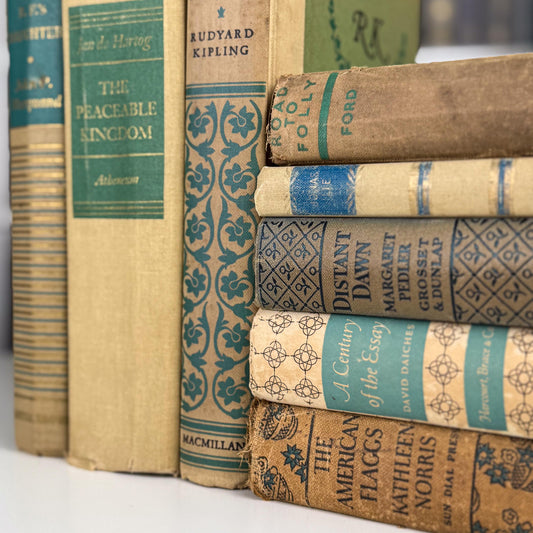 Decorative Neutral Beige Blue & Teal Vintage Book Set – Patterned Spines for Shelf Styling