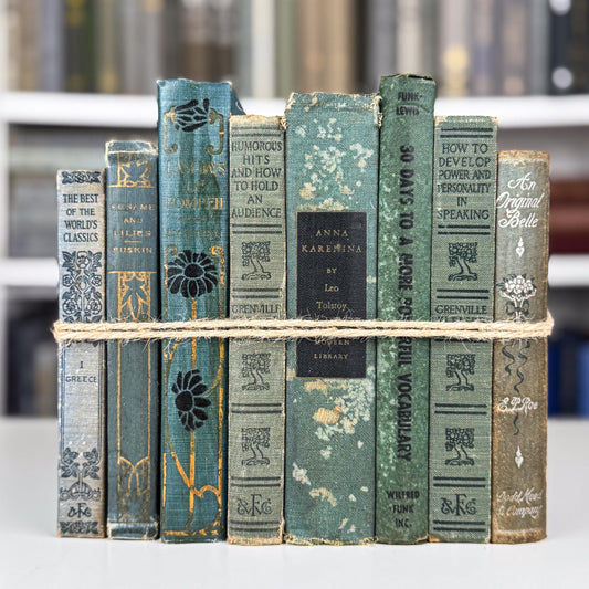 Faded Teal & Moss Green Book Set – Shabby, Elegant Shelf Styling with Antique Charm