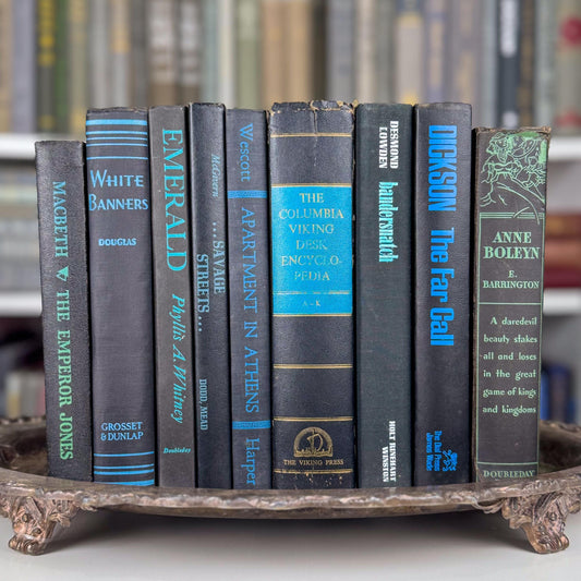 Black & Teal Blue Vintage Book Set – Dark Academia Shelf Styling, Moody Home or Office Decor