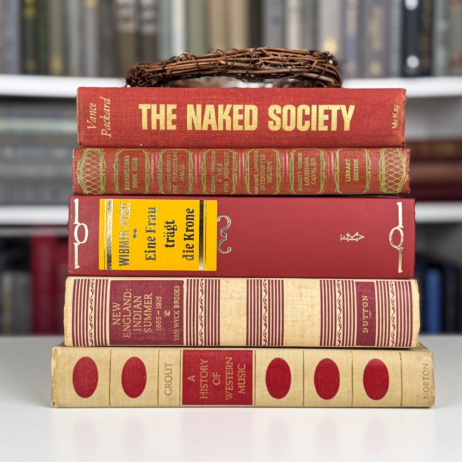 Bold Masculine Mid-Century Beige Mustard Red Book Bundle, Aesthetic Books By Color for Decor
