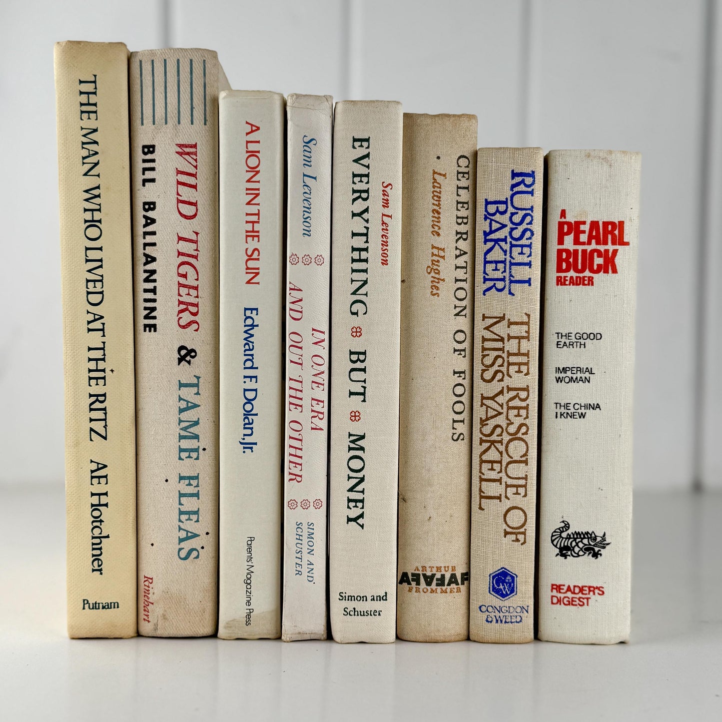 Vintage Cream and Green Textured Linen Book Set: Cozy Mid Century Shelf Decor