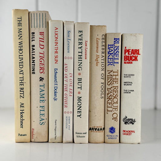 Vintage Cream and Green Textured Linen Book Set: Cozy Mid Century Shelf Decor