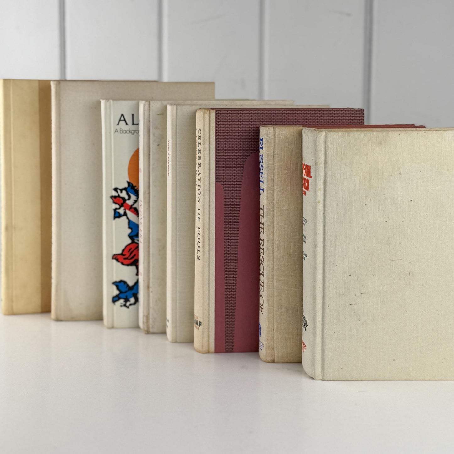 Vintage Cream and Green Textured Linen Book Set: Cozy Mid Century Shelf Decor