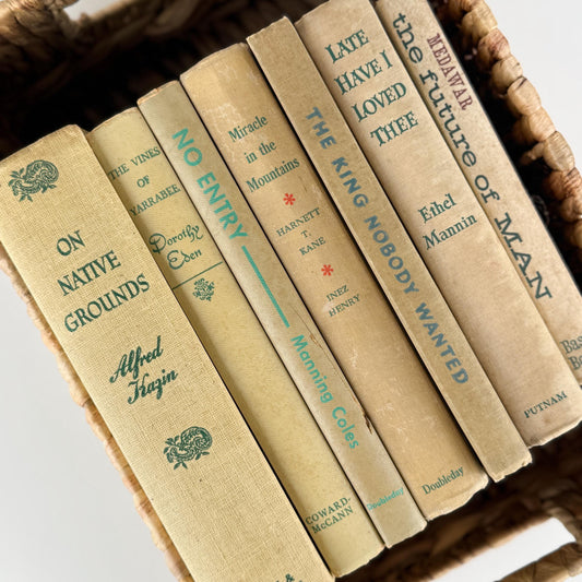 Vintage Cream and Green Book Set for Neutral Mid-Century Shelf Styling