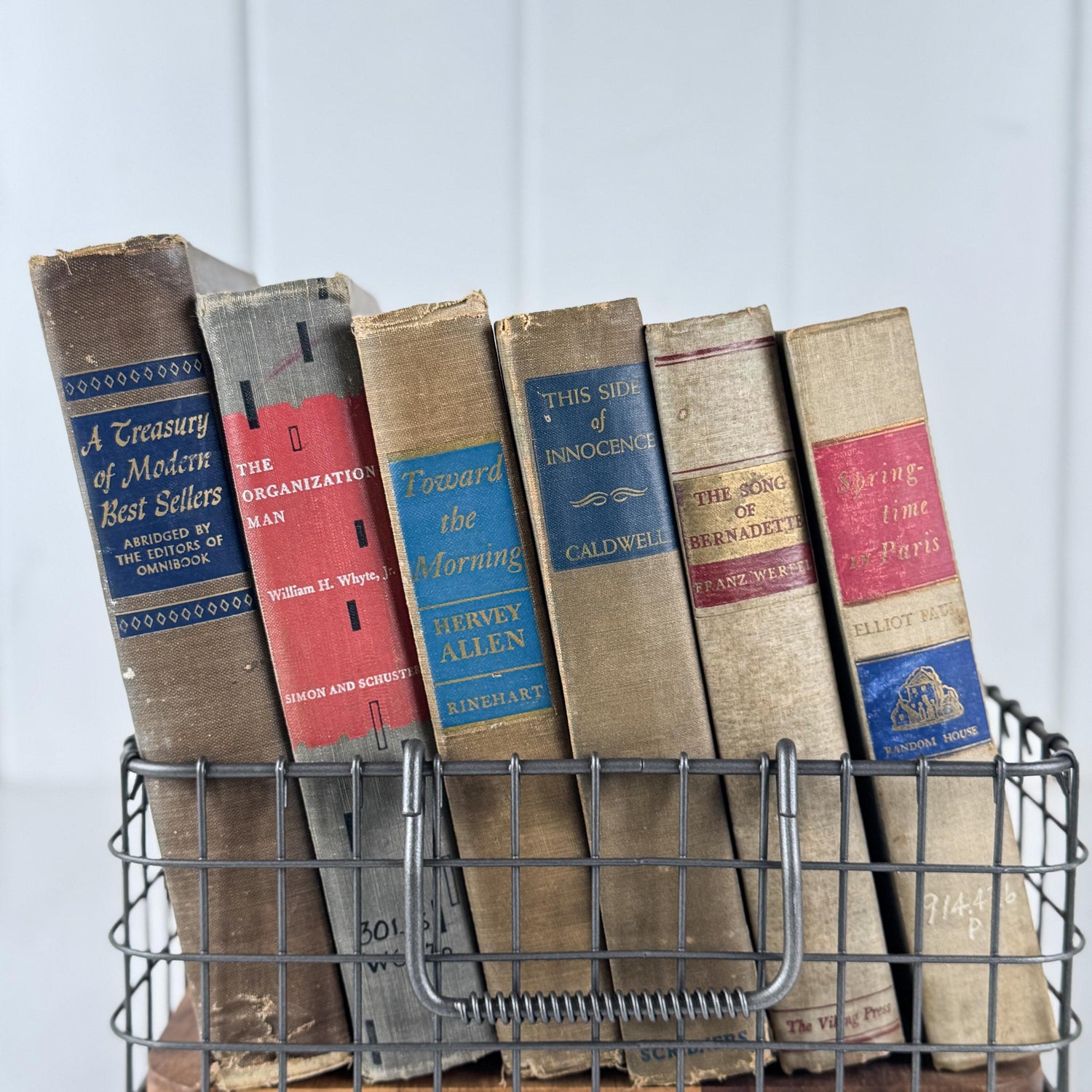 Rustic Masculine Beige and Tan Mid-Century Modern Book Set with Blue and Red Accents for Shelf Styling