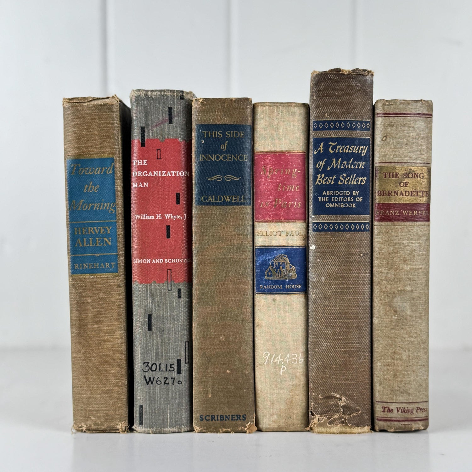 Rustic Masculine Beige and Tan Mid-Century Modern Book Set with Blue and Red Accents for Shelf Styling