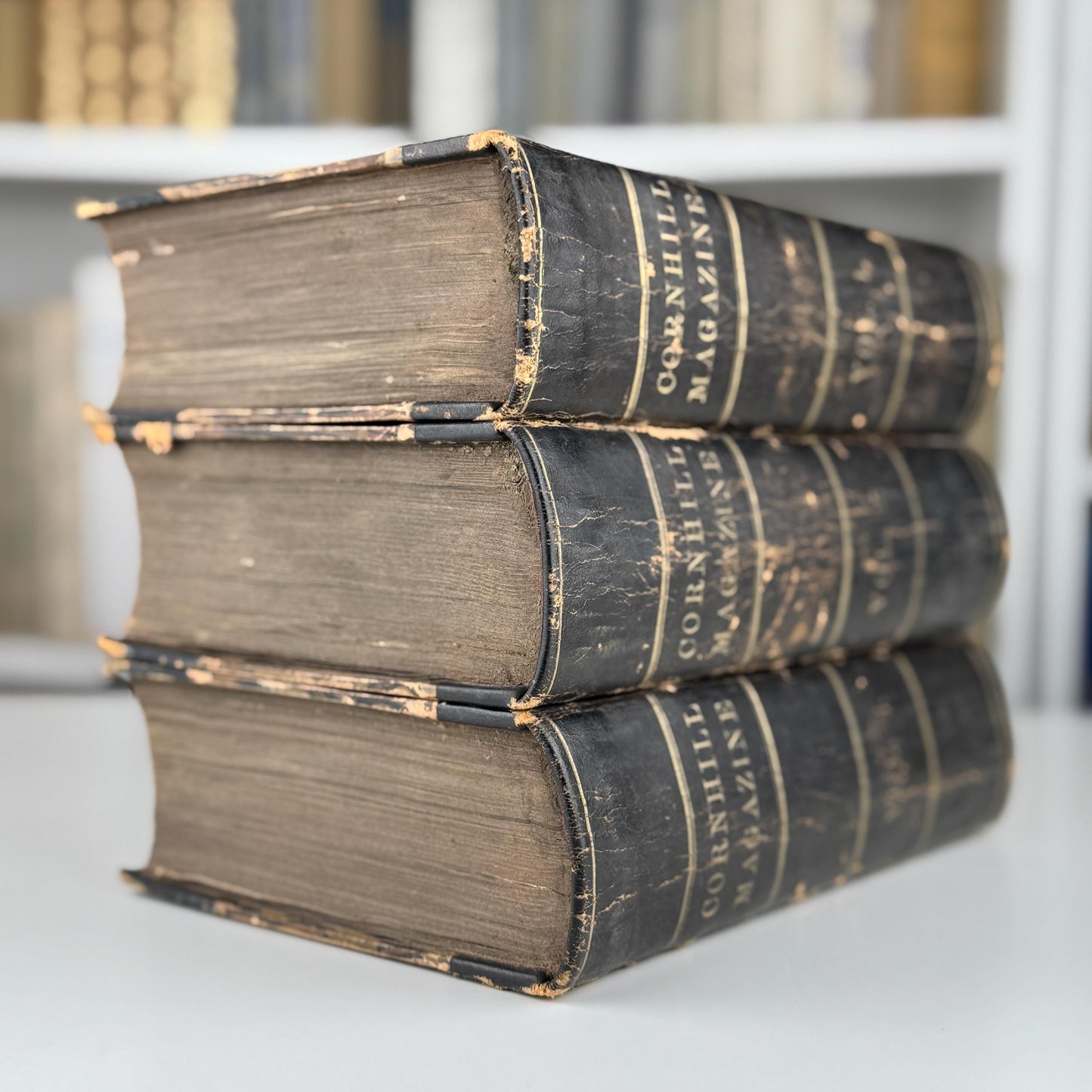 Antique Black Cornhill Magazine Leather-Bound Book Set for Shelf Styling and Home Library Decor