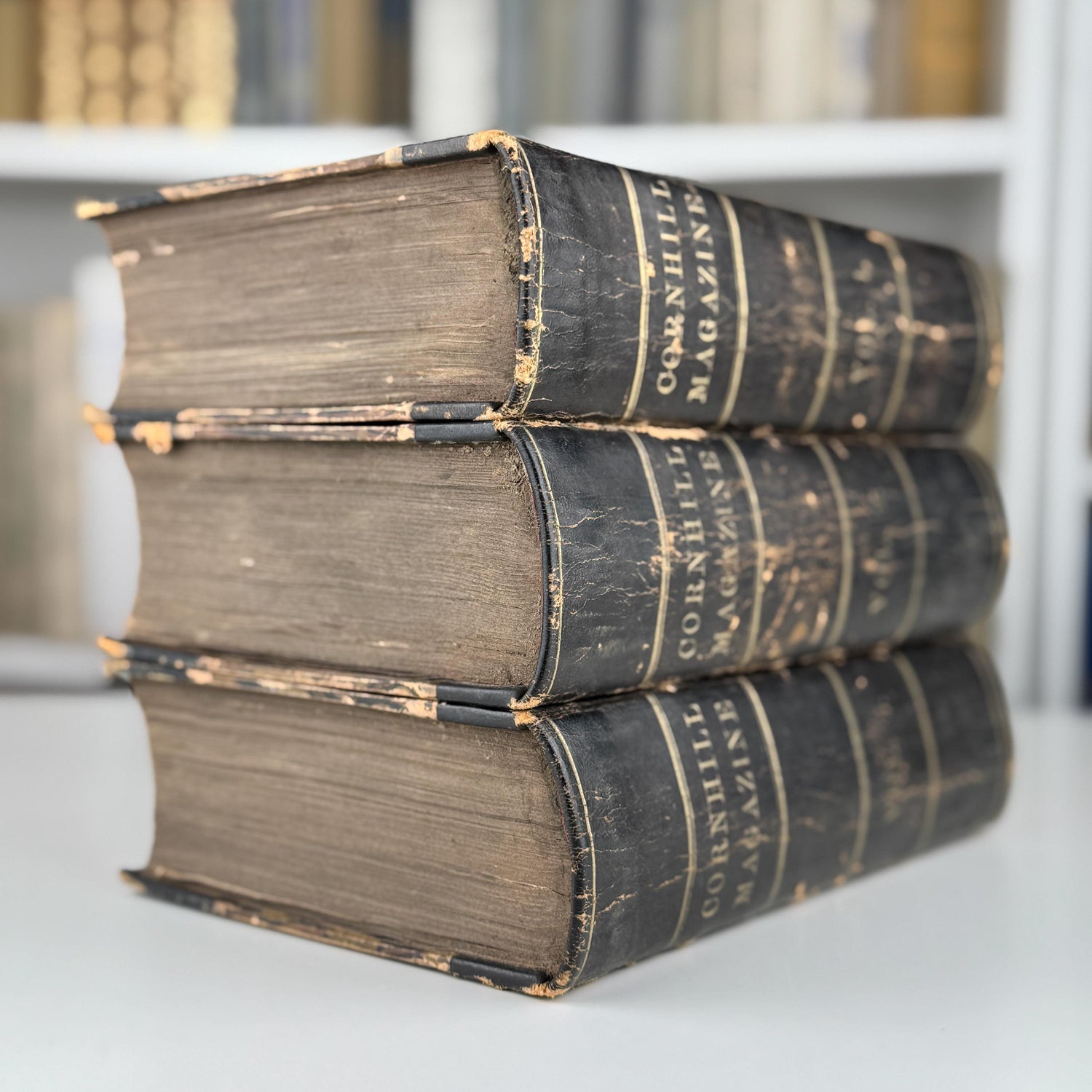 Antique Black Cornhill Magazine Leather-Bound Book Set for Shelf Styling and Home Library Decor