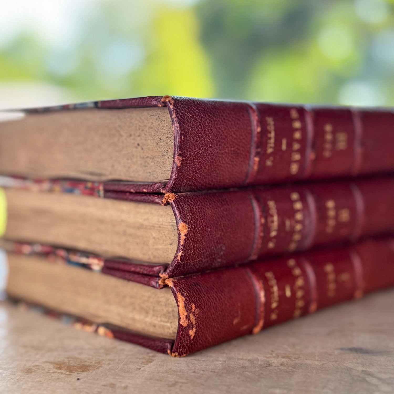 Antique Red Leather-Bound Books, Francois Villon Oeuvres, 3 Volumes (1,2,3), 1923