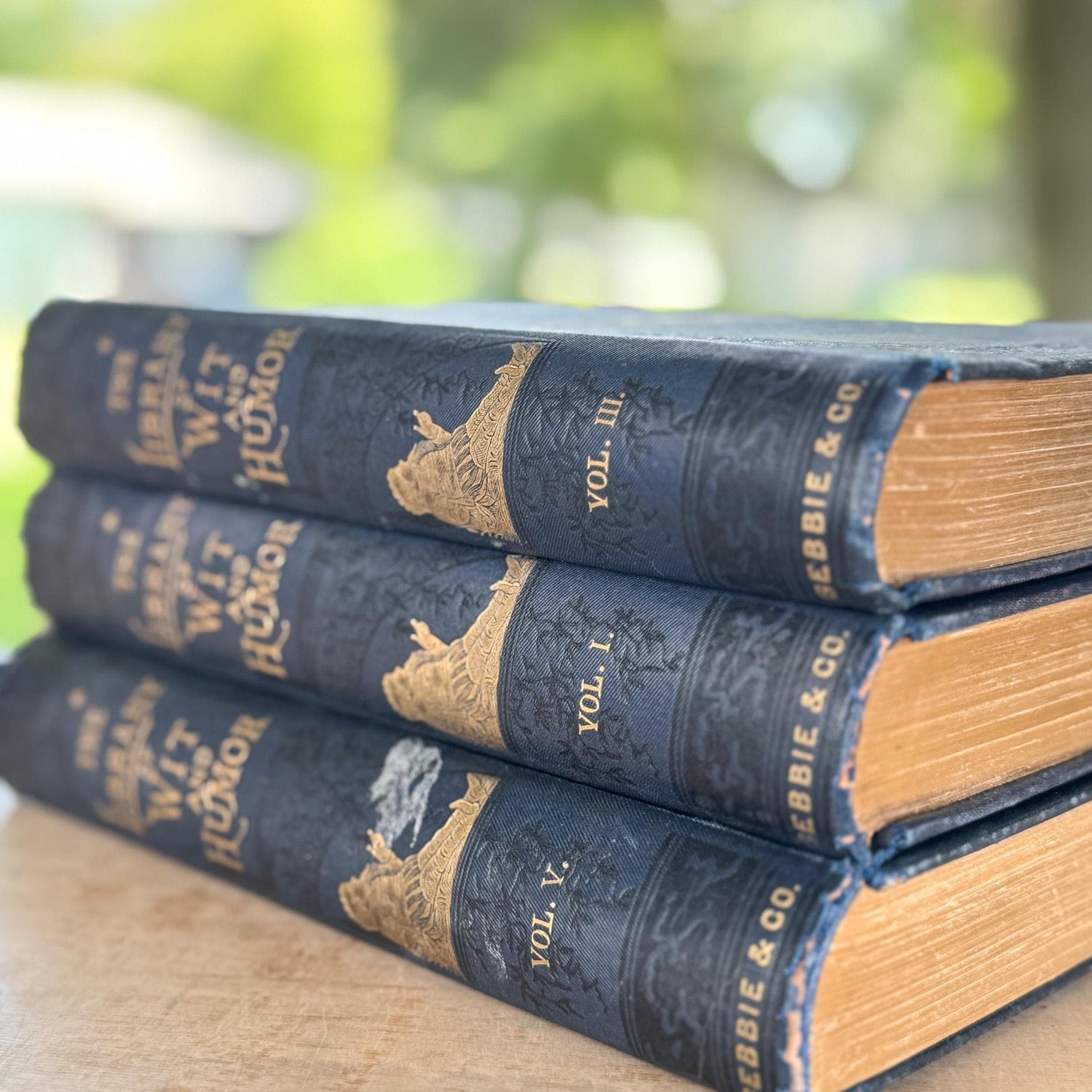 Antique Blue and Gold Ornate Books, The Library of Wit and Humor, 1893