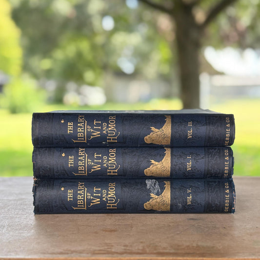 Antique Blue and Gold Ornate Books, The Library of Wit and Humor, 1893