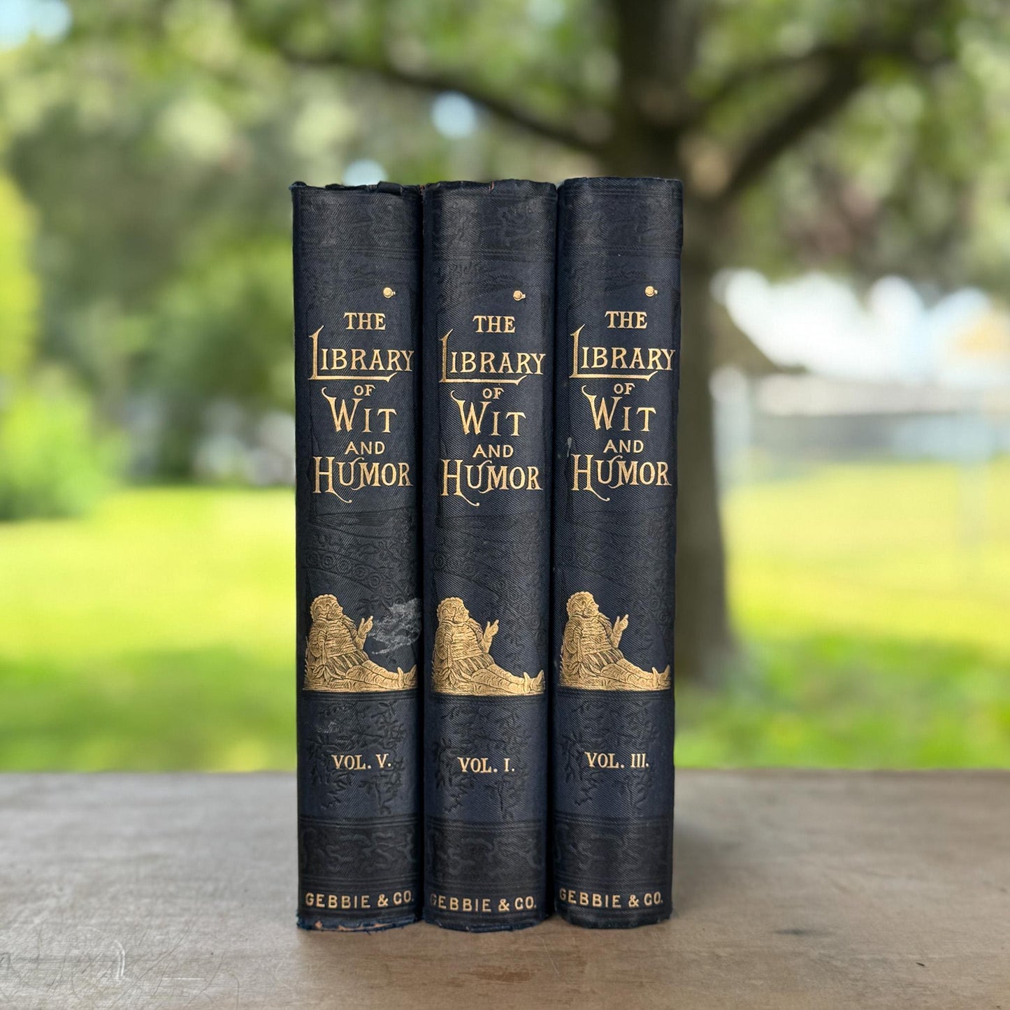 Antique Blue and Gold Ornate Books, The Library of Wit and Humor, 1893