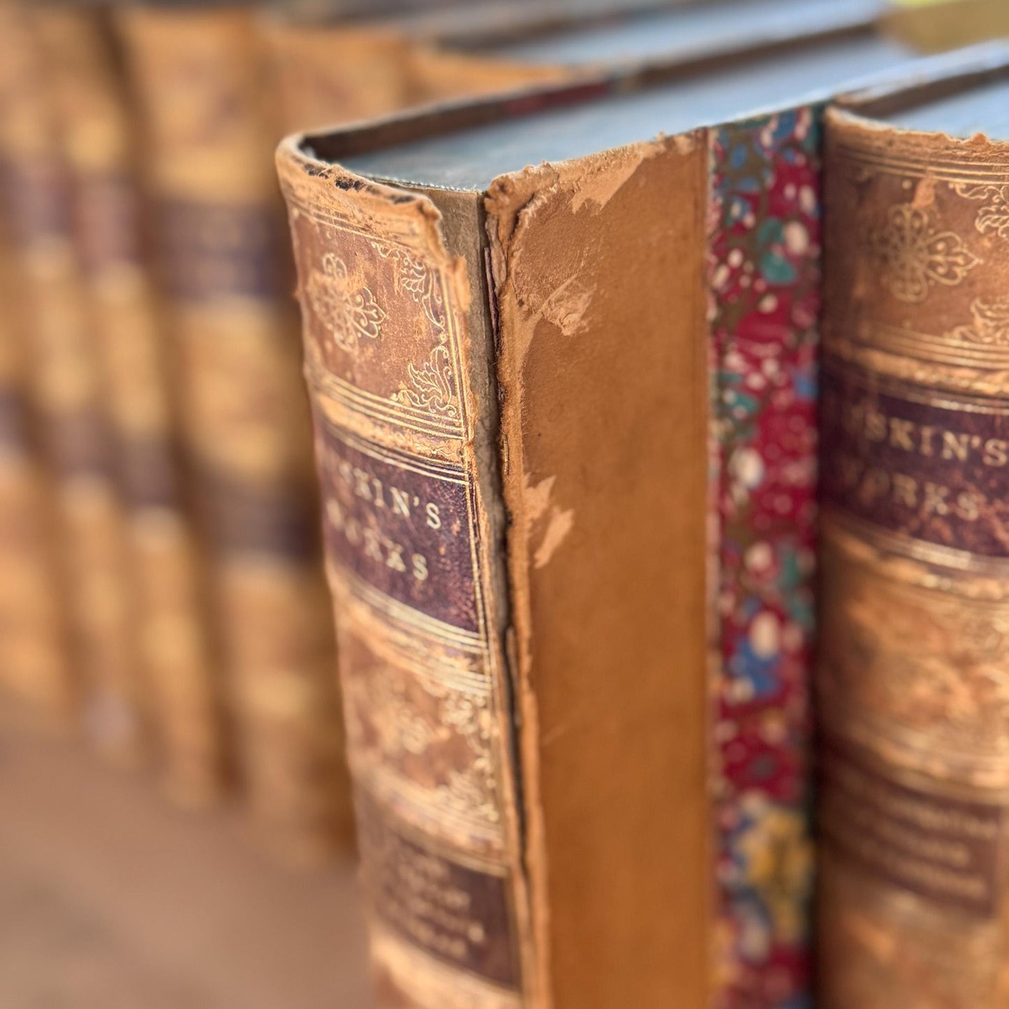 Antique Leather Works of John Ruskin Book Set, 1887, 18 Volumes