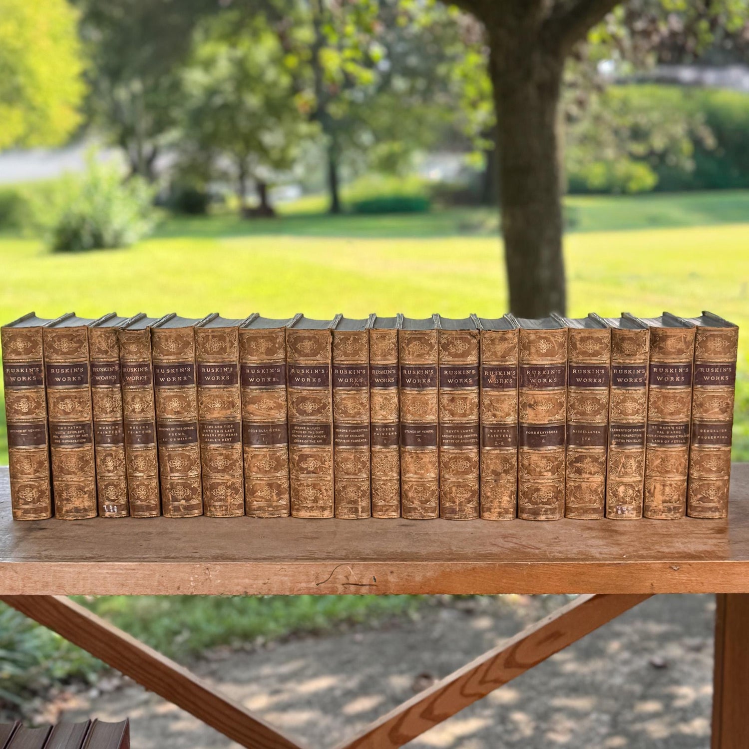 Antique Leather Works of John Ruskin Book Set, 1887, 18 Volumes