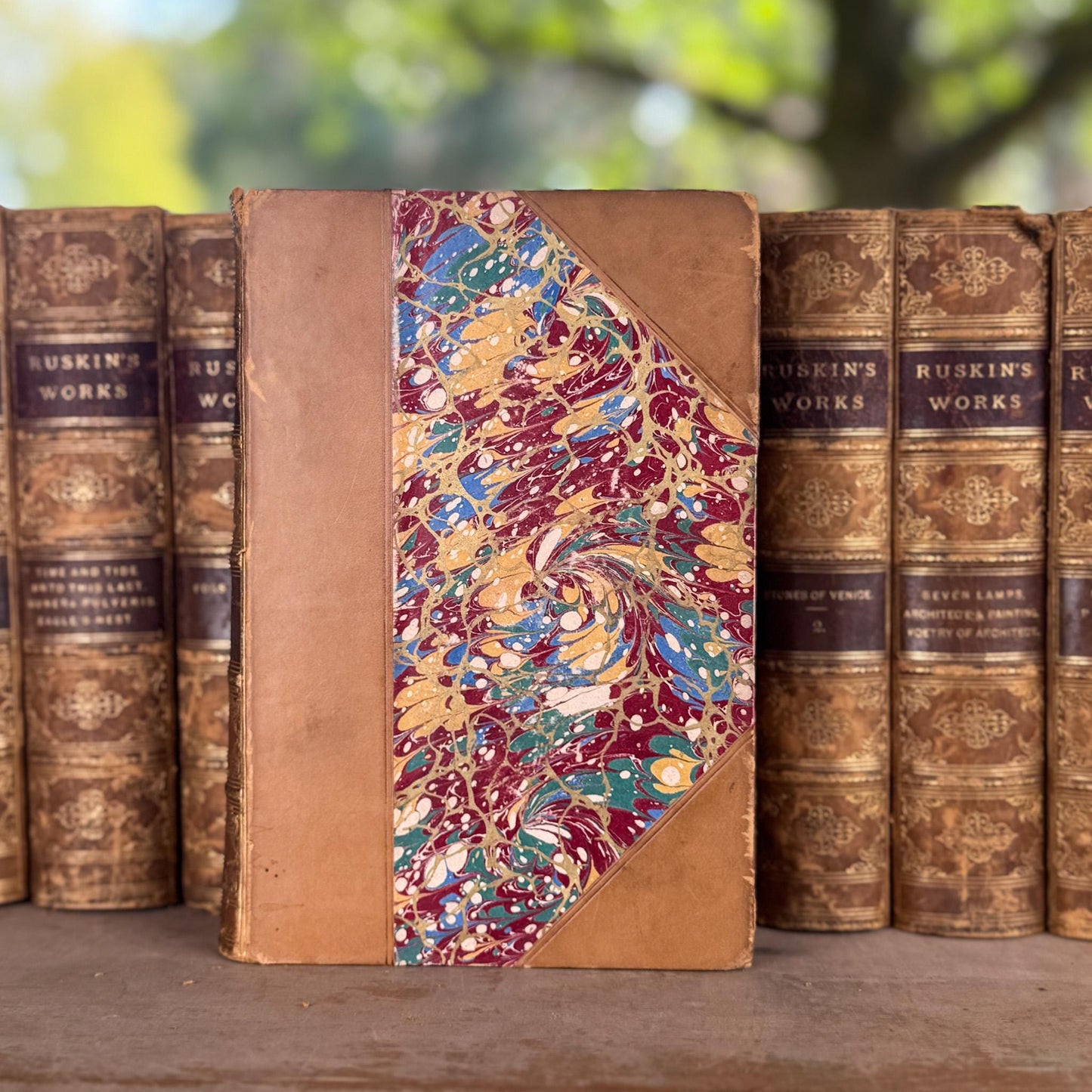 Antique Leather Works of John Ruskin Book Set, 1887, 18 Volumes